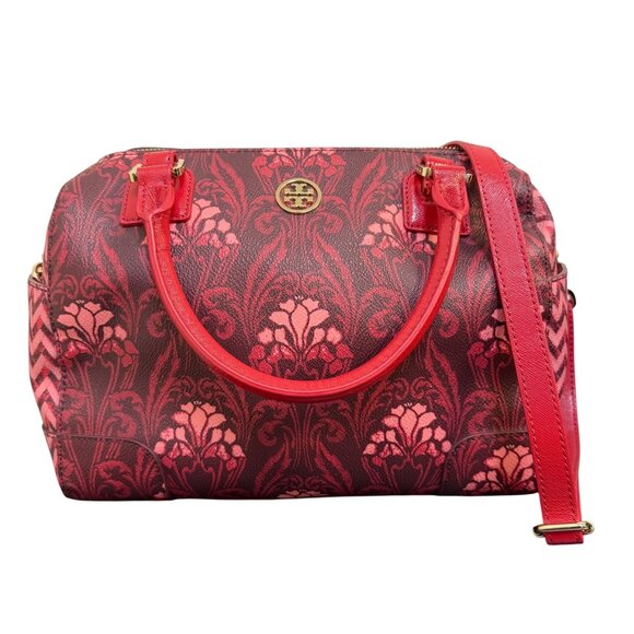 Tory Burch Handbags - Tory Burch Red Floral Printed Satchel Tote Bag Adjustable Crossbody Vintage